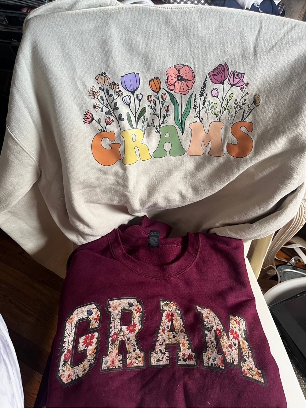 2 Grandma Sweatshirts Floral 'GRAMS' and “GRAM” cream and burgundy